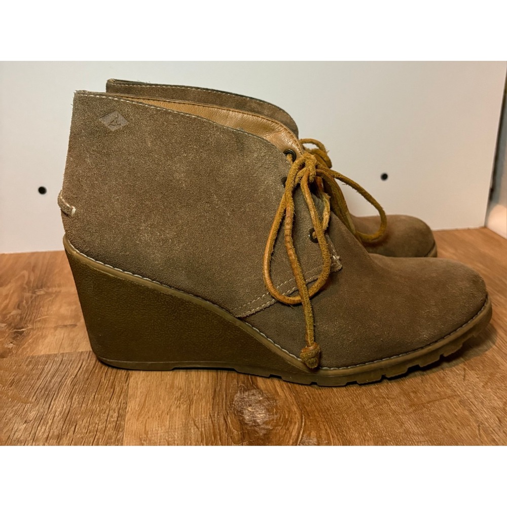 Sperry Stella Prow Suede Wedge Ankle Boots Size 9.5 Womens Brown Leather Booties